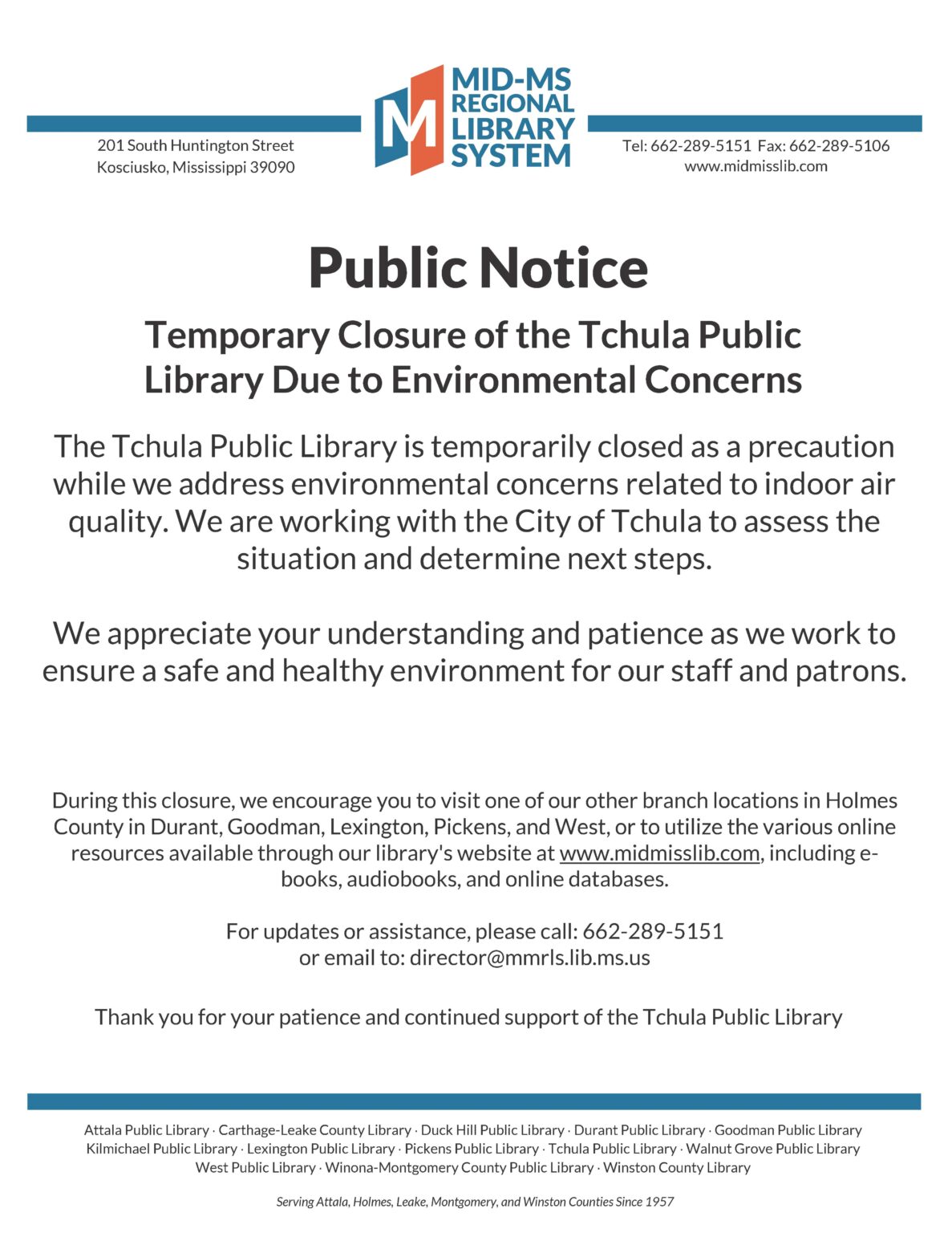 Official Public Notice regarding Tchula Public Library Temporary Closure