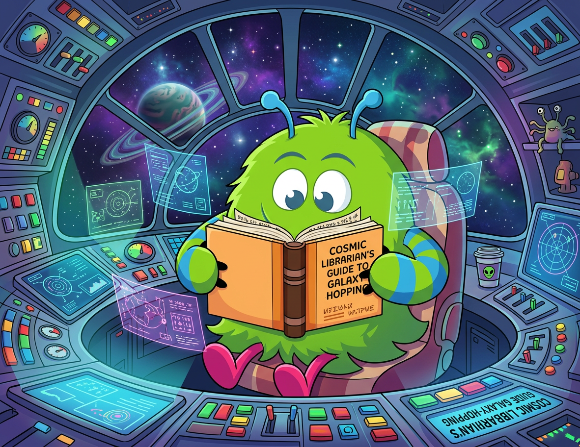 Zim the alien mascot reading a book