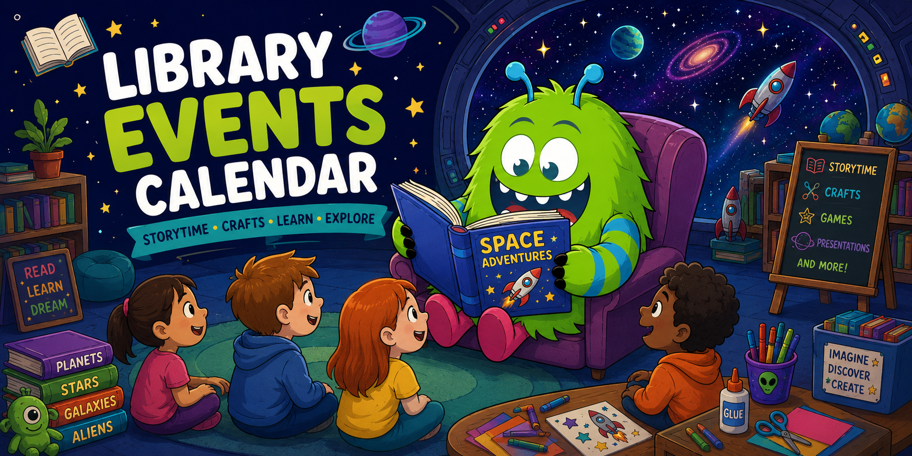 Header Graphic featuring Zim the reading Alien reading to children at a story time with headine "library events calendar: storytime, crafts, learn, explore." 