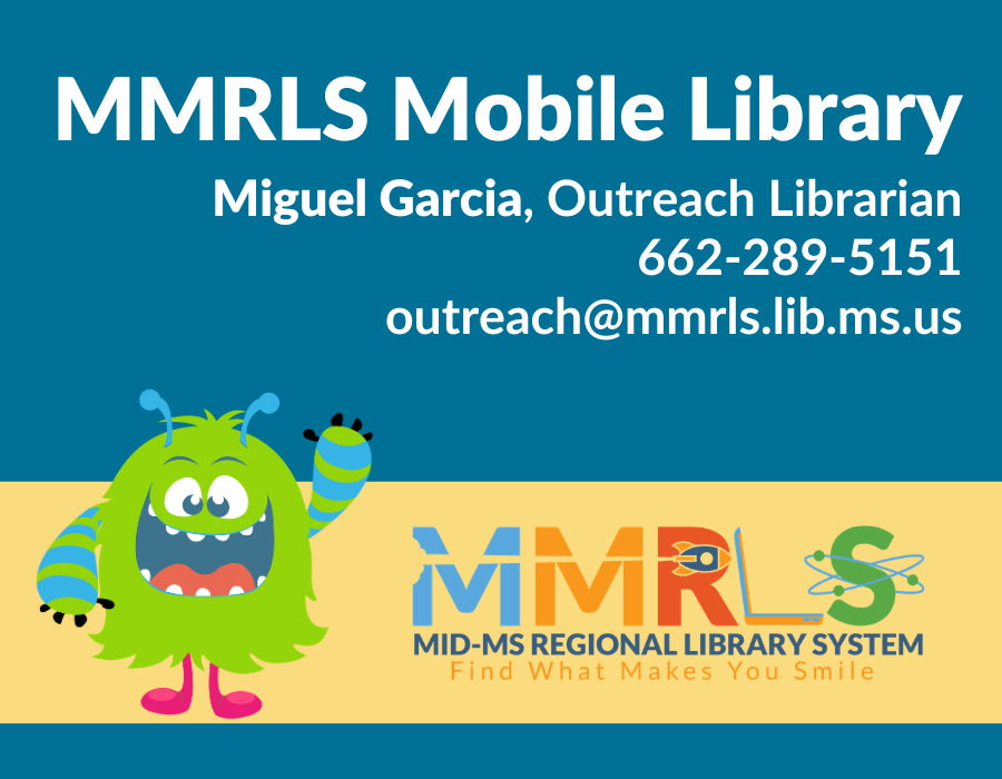 Graphic: MMRLS Mobile Library contact information, link to email address for Outreach Librarian